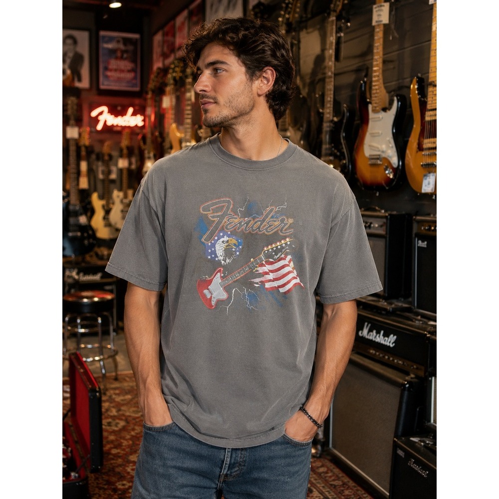 Fender T Shirt Men's XL Gray Guitar Graphic Tee American Flag Music Rock Band